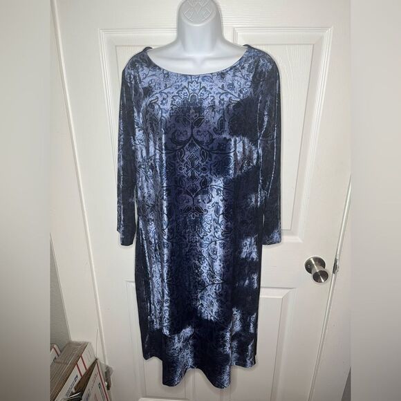 Coldwater Creek Navy Blue Floral Embossed Velvet Dress Shift L - Picture 4 of 8
